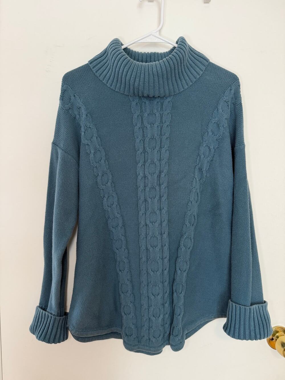 L.L.Bean Cable Knit Turtleneck Sweater Blue 100% Cotton Women’s Large